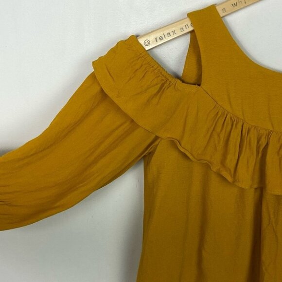 Anthropologie Maeve Brearly‎ Mustard Yellow Open Shoulder Ruffle Top Size 2 Boho - Picture 10 of 15